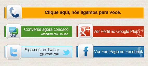 Facebook, Twitter, GooglePlus Atendimento Online, Chat, Telefone